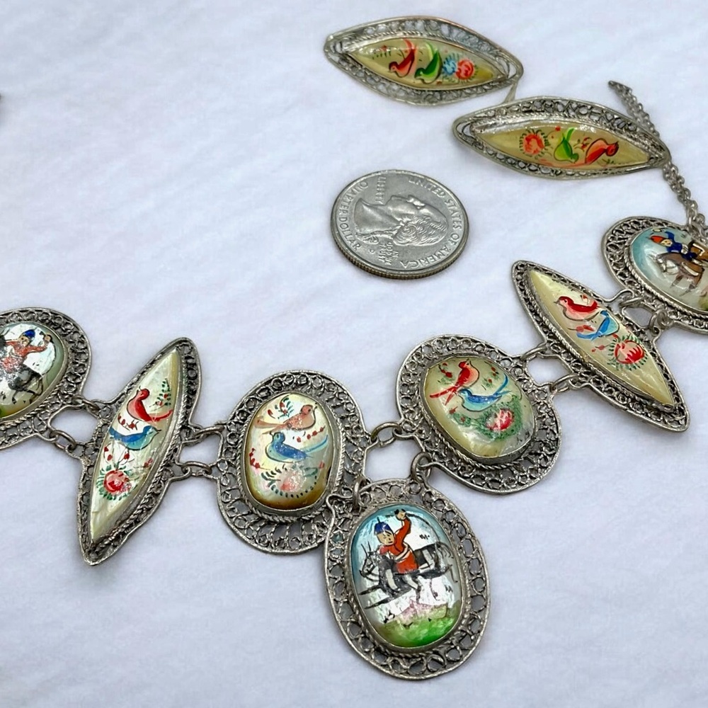 🌺 Antique Persian Hand-Painted Mother of Pearl Necklace & Earrings - Picture 14 of 15
